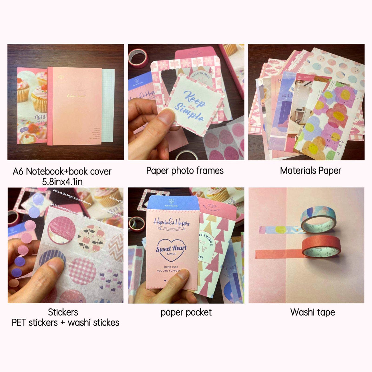 HASTHIP Scrapbook Stickers Kit for Journals and Planners with 346 pcs A6 Grid Notebook | Vintage Papers and Washi Tapes for DIY Crafts
