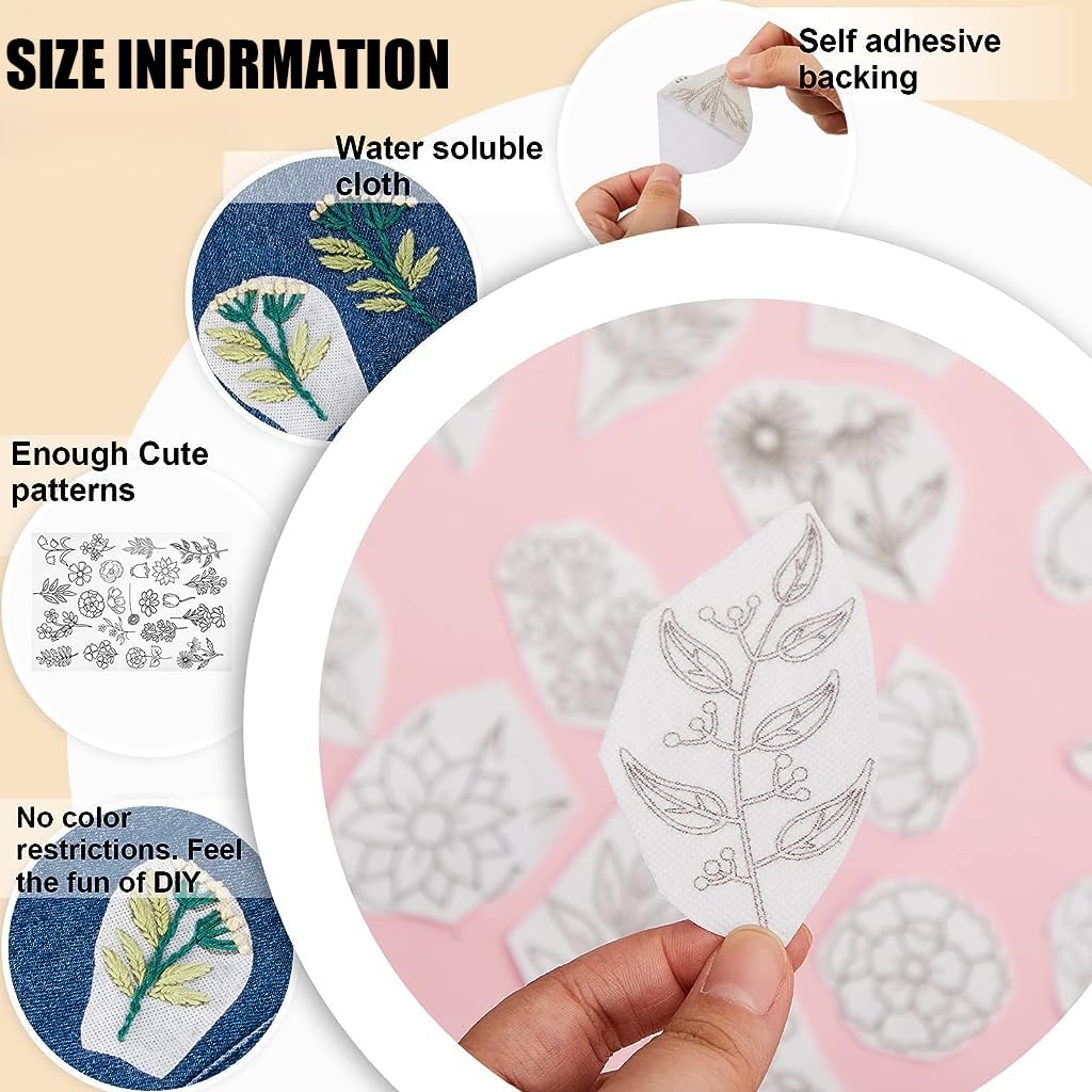 HASTHIP Water Soluble Stabilizer for Embroidery with 50 Flower Patterns in White | Easy Stick and Stitch for Beginners