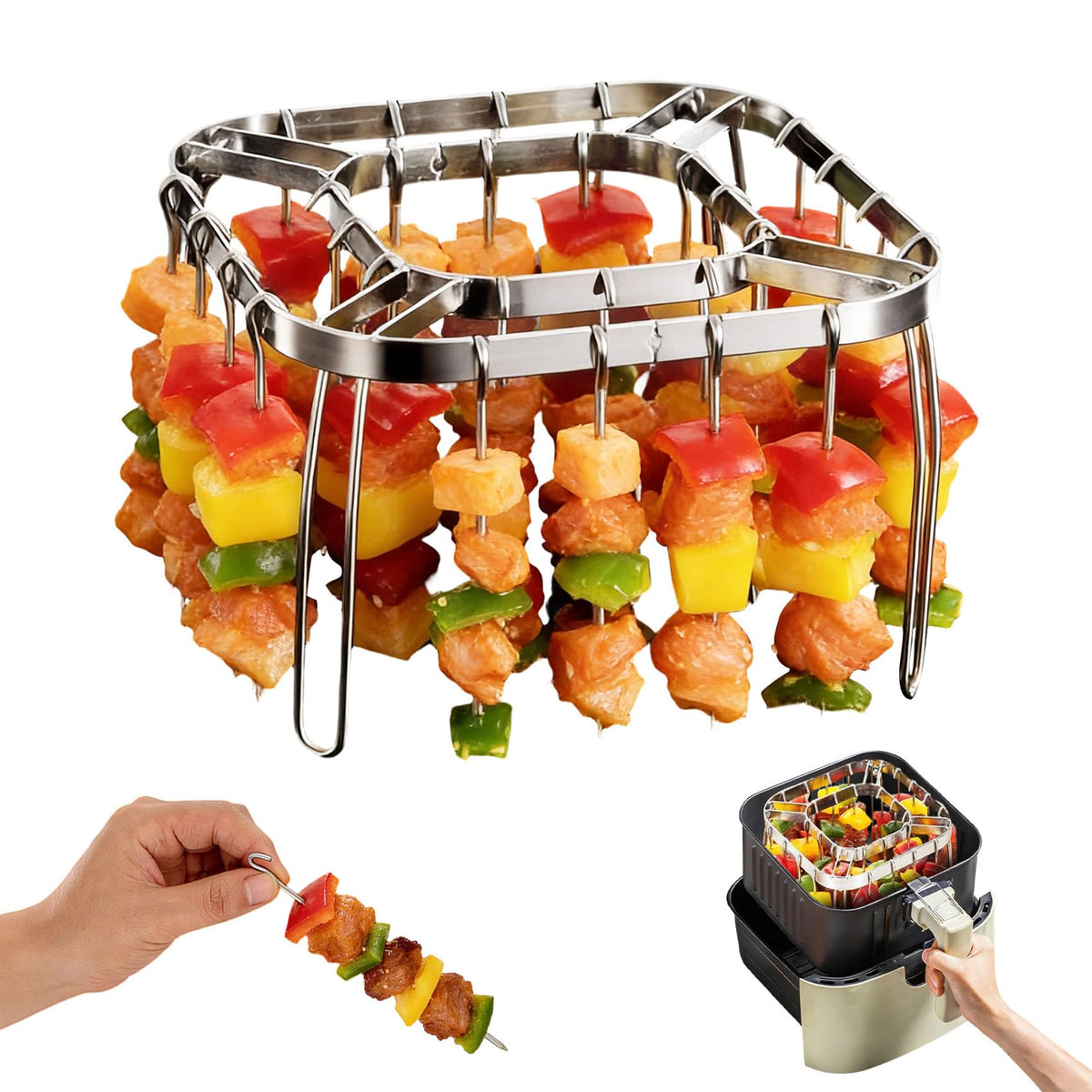 HASTHIP® Air Fryer Skewer Rack, Grill Accessories Kit with 28 Stainless Steel Skewers, Multi-Layer Cooking Stand Compatible with Most Air Fryers, Silver