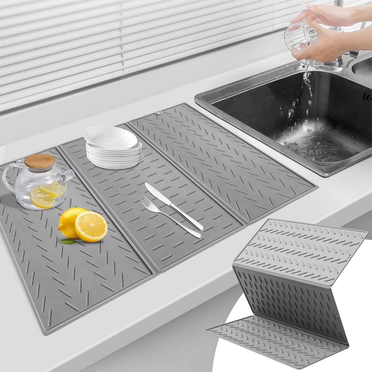 HASTHIP® Silicone Dish Drying Mat, 24×16in Large Foldable Counter Mat, Heat Resistant Non-Slip Kitchen Drying Pad for Dishes, Utensils & Coffee Bar, Grooved Surface Countertop Protector with