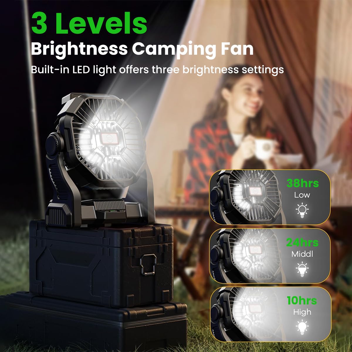 HASTHIP 3-in-1 Camping USB Fan with LED Light