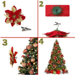 HASTHIP Christmas Poinsettia Flowers for Tree and Home Decor 12 pcs featuring 4 designs | 5.5 in ornaments in red and gold