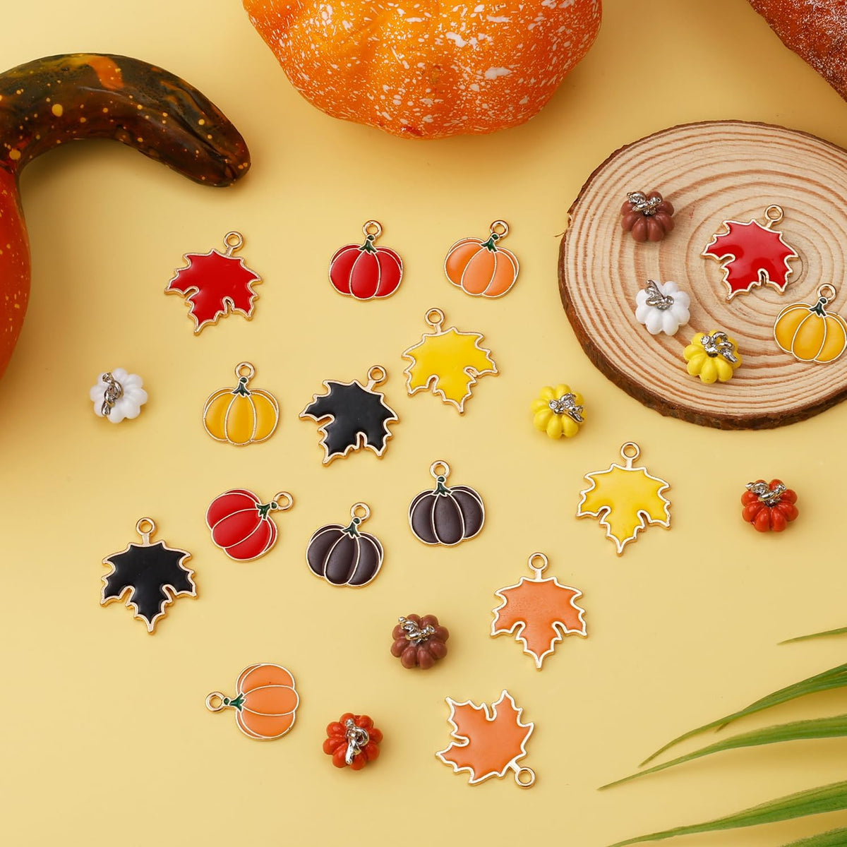 HASTHIP DIY Festival Jewelry Accessories for Thanksgiving and Halloween | 24pcs Enamel Zinc Alloy Maple Leaf and Pumpkin Charms