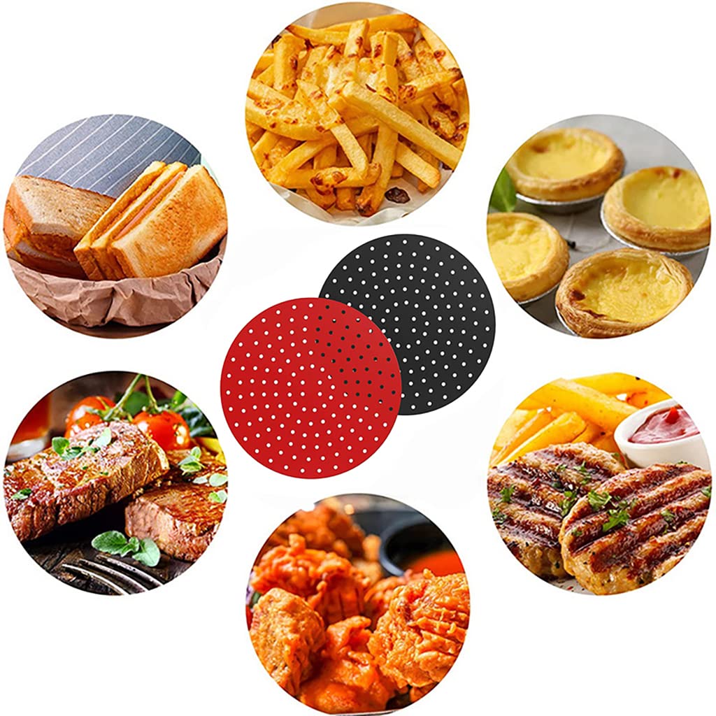 HASTHIP Reusable Silicone Air Fryer Liners for 8 Inch Fryers with Even Heat Holes | 2 Pack Red and Black