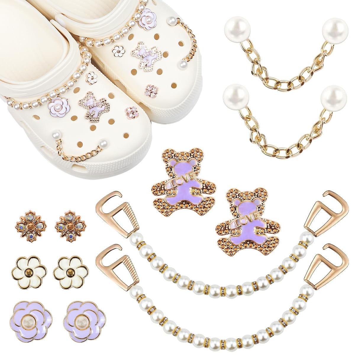HASTHIP® 12Pcs Bling Shoe Charms for Women, Girly Jewelry Decoration Charms for Clog Sandals, Pearl Chains Fashion DIY Shoe Accessories Flower Shoe Charms for Women, Party Favors Birthday Gifts