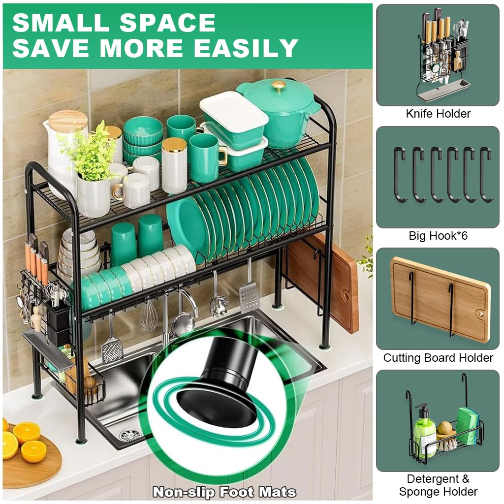 HASTHIP Over The Sink Dish Drying Rack 33.5x10x31.9 in with Double Layer Shelf | Stainless Steel Kitchen Organizer