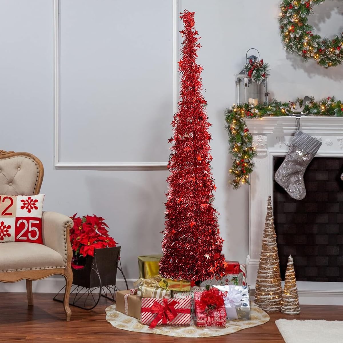 HASTHIP Christmas Tree for Holiday Decor with 1.5 m Red Tinsel Garland & Easy DIY Assembly