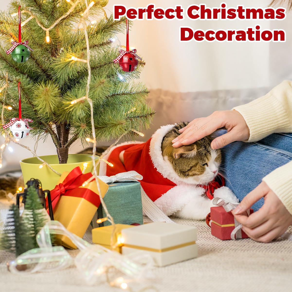 HASTHIP Christmas Bell Ornaments for Tree Decorating with 12 Metal Bells and Checkered Ribbons | Green Red White Holiday Décor