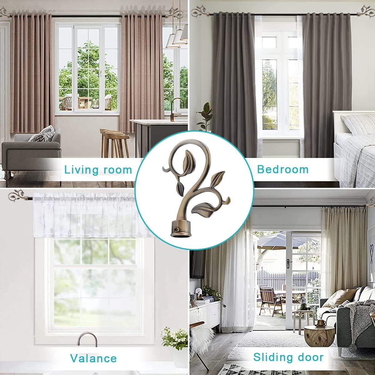 HASTHIP Curtain Rod Finials for 20–22.5mm Rods with Leaf Branch Design in Brass | Set of 4