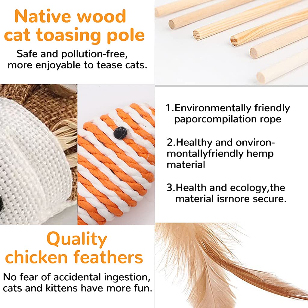 HASTHIP® Premium Cat Toy Interactive Cat Toys Set of 5 Cat Teaser Wand Pet Toy for Cat Activity Fishing Rod with Mouse Natural Feathers Cat Toys for Kittens to Play Cat Games and Toy Mouse Toy
