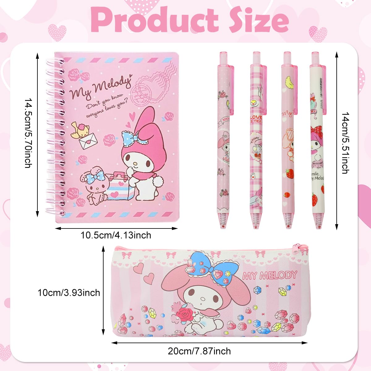 HASTHIP® Me-lody School Supplies Set, Cute Stationery Supplies Set with Notebook, Pencil Pouch, Click Pens, Assorted Me-lody Cartooon Stickers, Girls School Gift Set Birthday Return Gifts