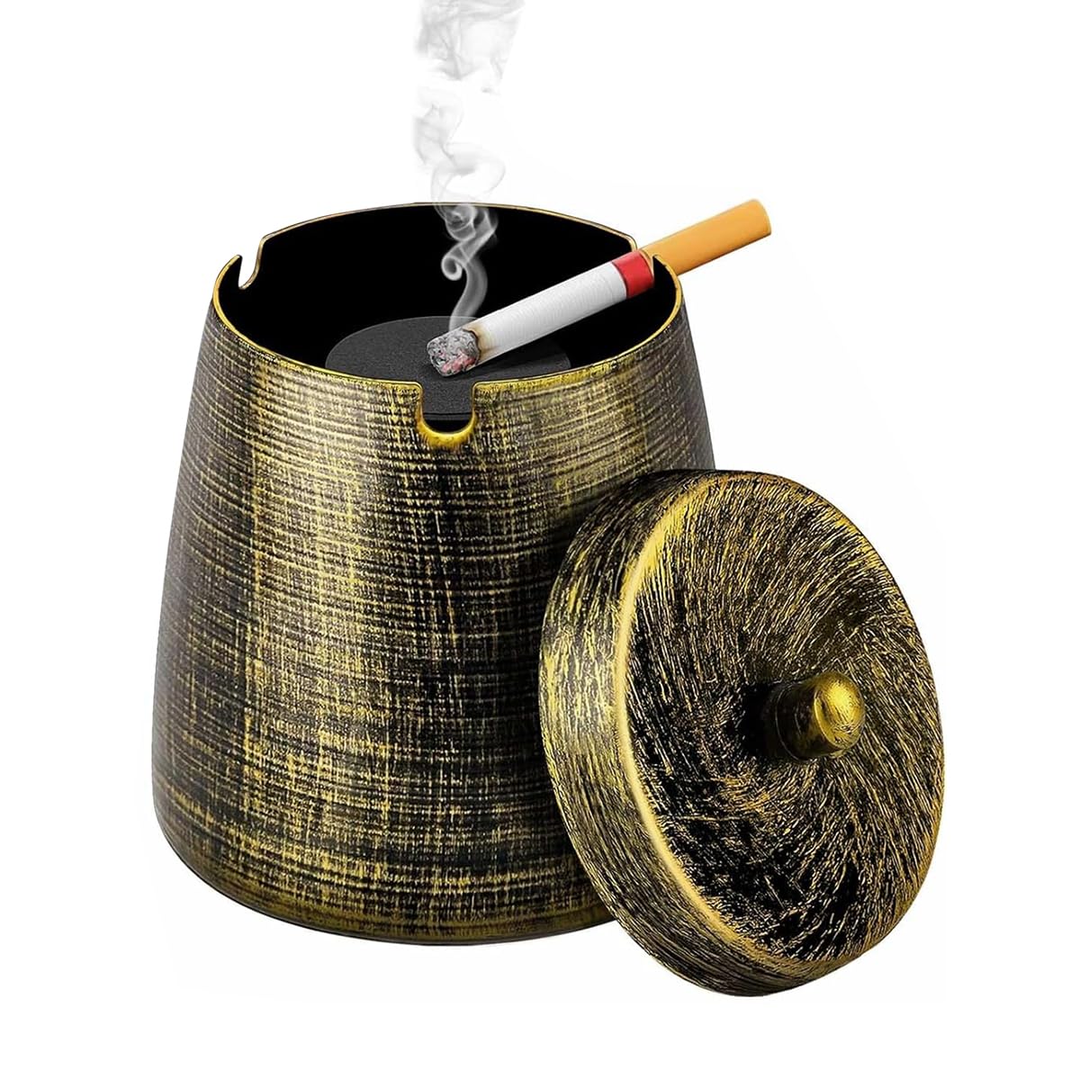 HASTHIP® Vintage Ashtray with Lid Metal Car Ashtray Desk Ashtray with Detachable Cigarette Extinguishing Pillar Smokeless Cigarette Ashtray for Car, Office, Living Room, 11x11cm