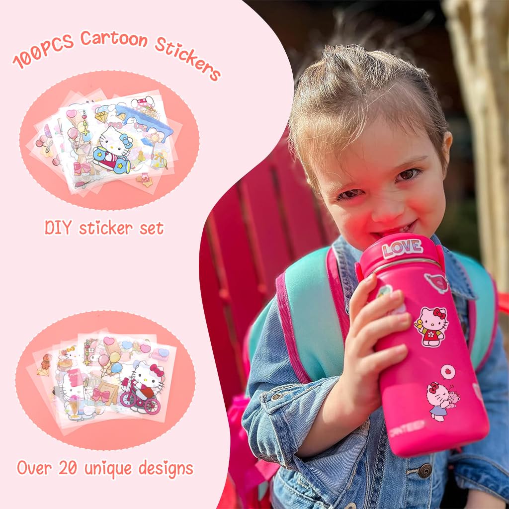 HASTHIP® 100Pcs Cute Cartoon Stickers PET Hello Kitty Sticker & Washi Stickers Set DIY Scrapbooking Kawaii Hello Kitty Stickers for Phone Case, Laptop Cover, Kids Water Bottle