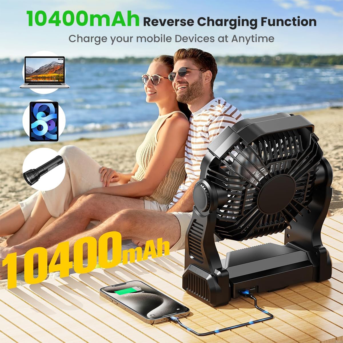 HASTHIP 3-in-1 Camping USB Fan with LED Light