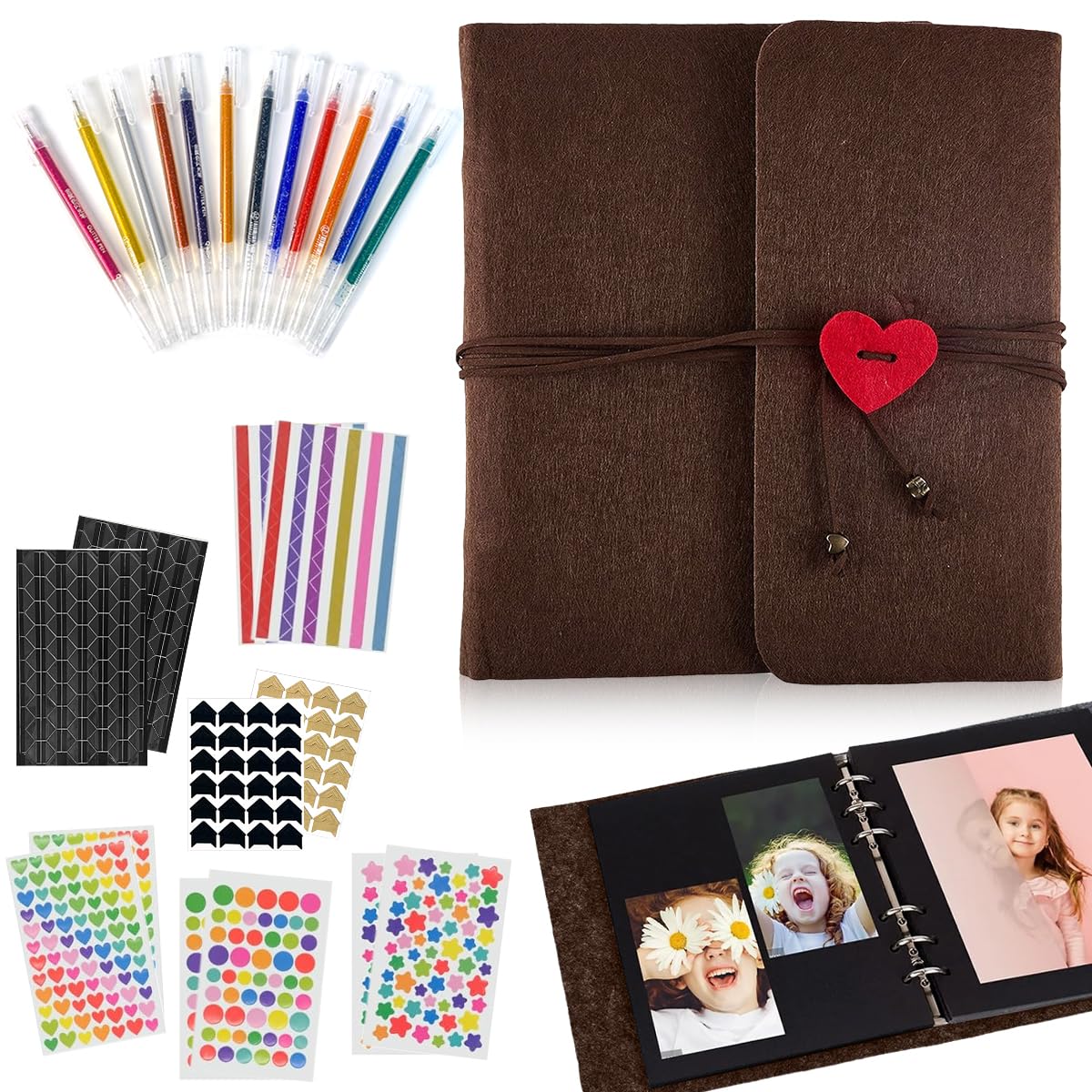 HASTHIP DIY Photo Album for Weddings and Family Memories with 60 Pages featuring Red Heart Closure and Felt Cover | Includes Metallic Pen and Color Stickers