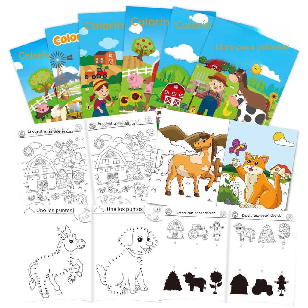 HASTHIP® PATPAT 6Pcs Libro de Colorear con Tema de Granja para Niños de 3 Años con Encuentra Las Diferencias y Juego de Colorear, Libro Antiestrés para Adultos, Set Educativo para Niños