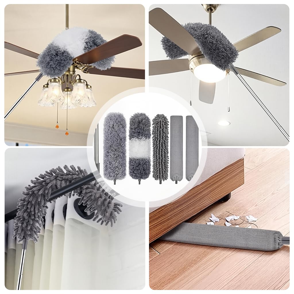 HASTHIP Microfiber Duster Set for Home Cleaning with 1.2 m Extendable Handle & 5 Heads | Reusable