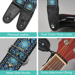 HASTHIP Guitar Strap for Acoustic and Electric Guitar featuring 34–41 in Adjustable Length | Blue Double-Sided Vintage Embroidered Cotton Design