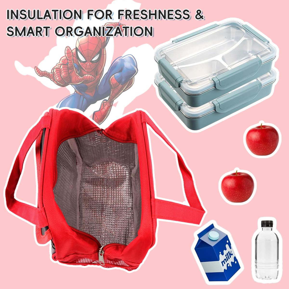 HASTHIP Kids Lunch Bag for School and Picnic featuring Insulated Lining & 23x13x23cm Size | Waterproof Nylon with Handle and Extra Pockets