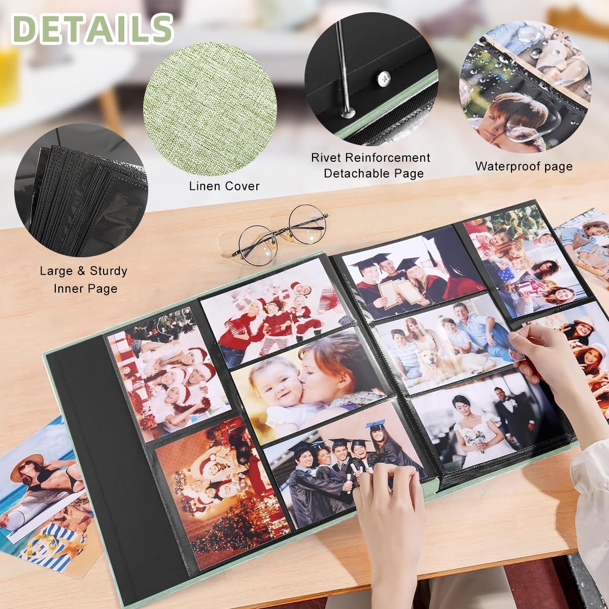 HASTHIP® Photo Album Cloth Hardcover, Album for Photos Collection with 600 Clear Photo Pockets, Family Scrap Books for Baby Milestone, Wedding and Travel, 33.5x34x5cm