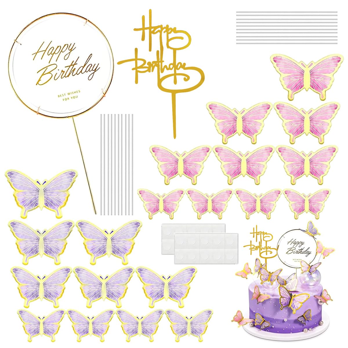 20pcs Butterflies for Cake, Cute Butterfly Cake Decorations Items Happy Birthday Cake Topper for Cake Decoration with 1 Acrylic & 1 Iron Circle Happy Birthday Topper