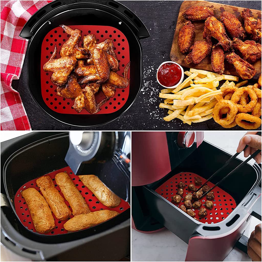 HASTHIP Air Fryer Liners for Easy Cleanup featuring 8.5 in Reusable Food‑Grade Silicone Pads | 2Pcs Red and Black Set
