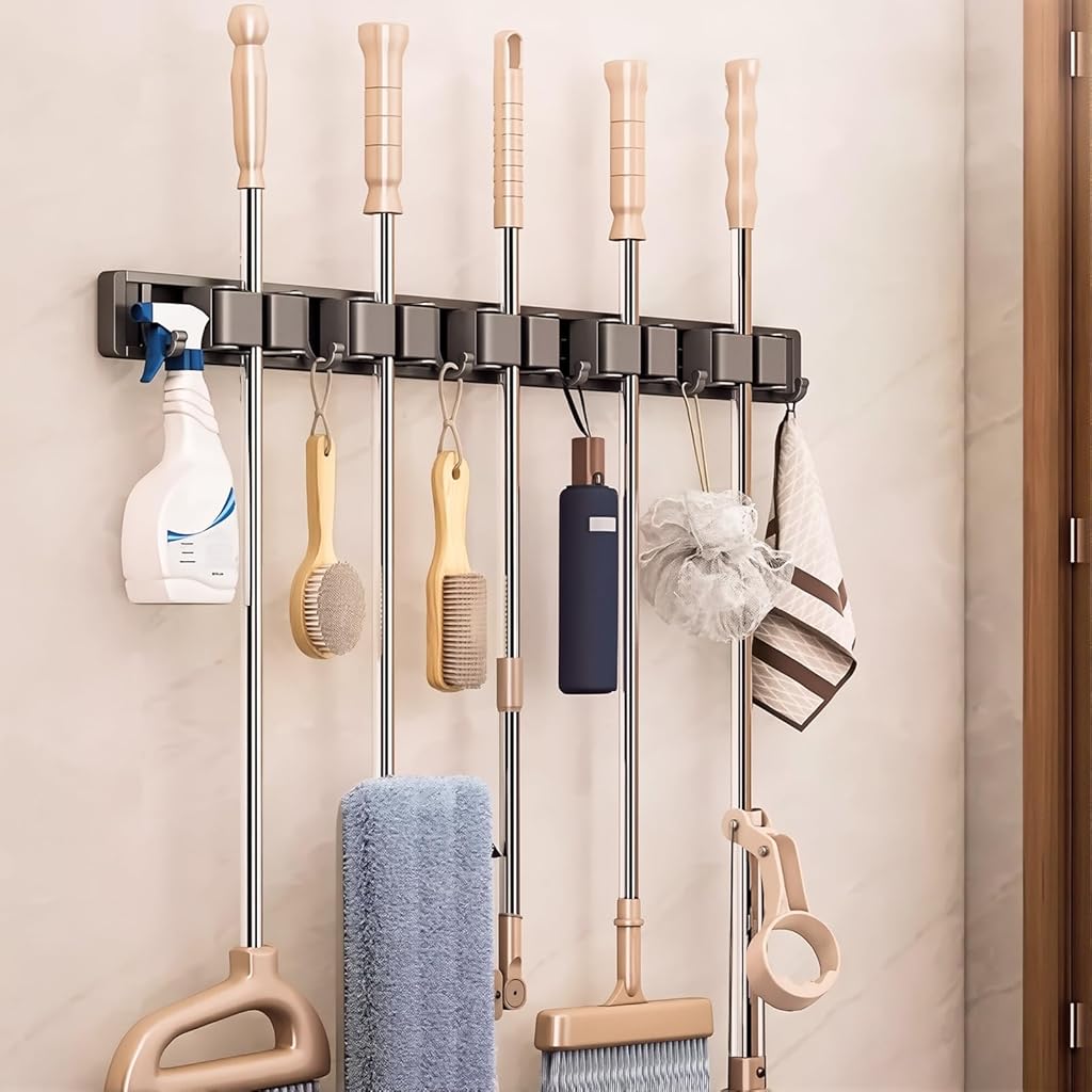 HASTHIP® Aluminum Wall Mop Holder, No Drill Push-in Mop Holder Organizer with 6 Hooks, Space Saving Cleaning Tool Organizer for Bathroom Garage