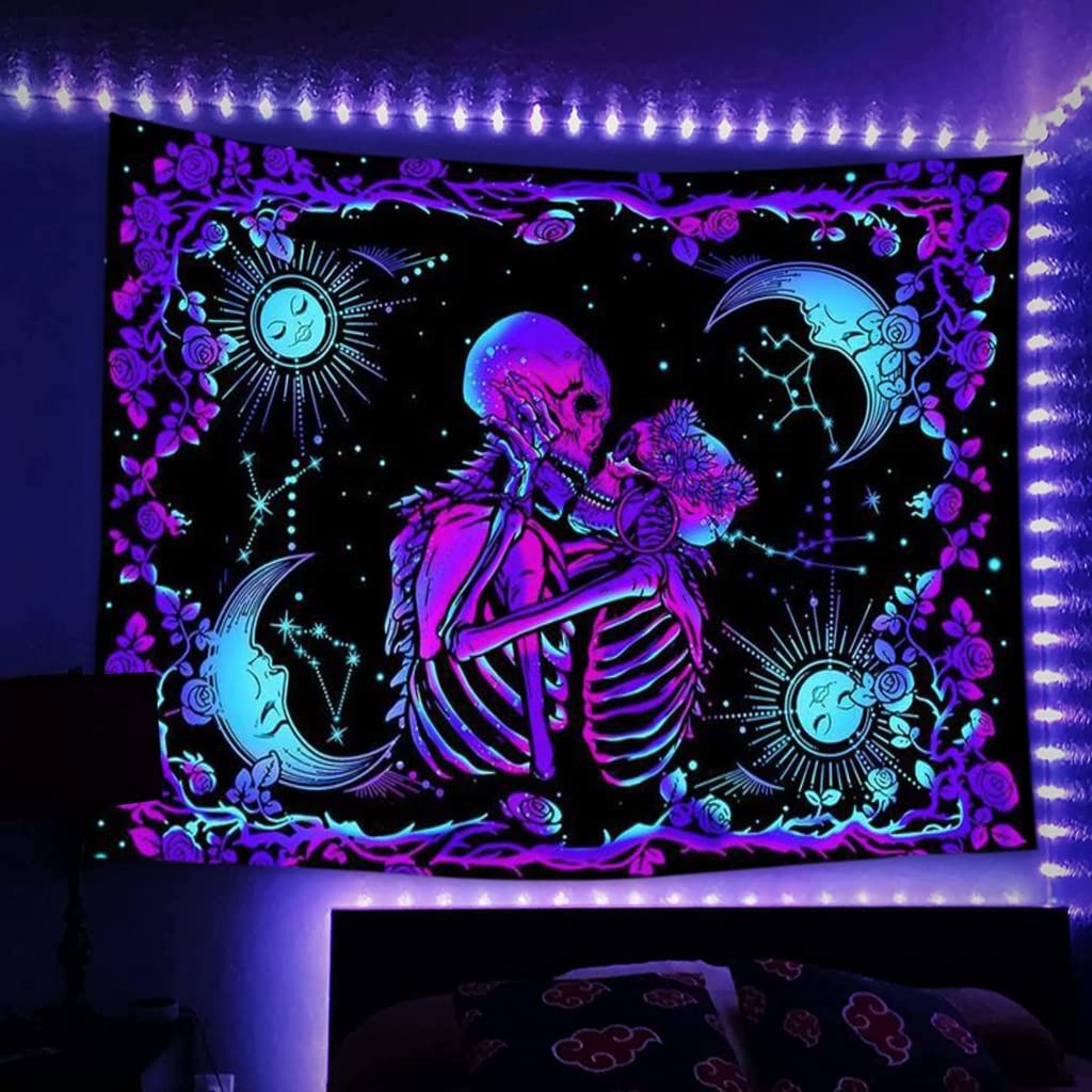 UV Luminous Skull Tapestry, UV Reactive Tapestry Glow in The Dark, The Kissing Lovers Tapestry, Skeleton Wall Art for Bedroom Living Room for Room Dorm (51inch x 59inch)