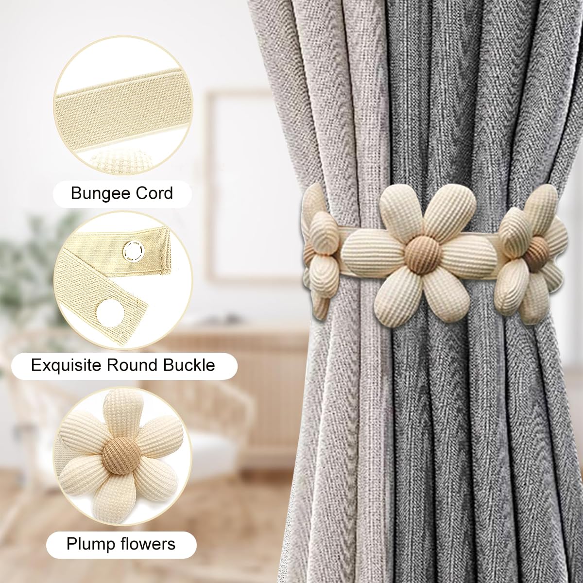 HASTHIP Curtain Tiebacks for Drapes with Pearl Flower Design and Elastic Cord | 2 Pack