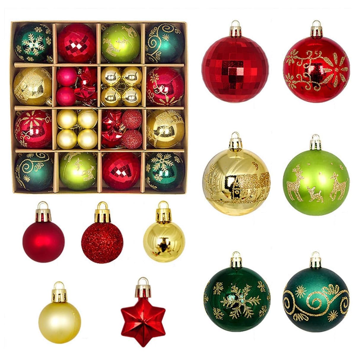 HASTHIP® 44Pcs Christmas Tree Decoration Items Red and Green Snowflake Print Christmas Decorations Balls with Lanyard Hanging Ball Ornaments for Xmas Tree, Holiday Party Home Decor, Wall, Window