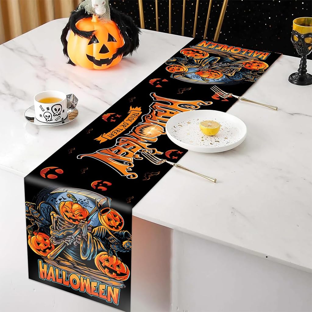 HASTHIP Halloween Table Runner for Dining Table featuring Evil Pumpkin Print 13x72 in | Washable Linen Decor