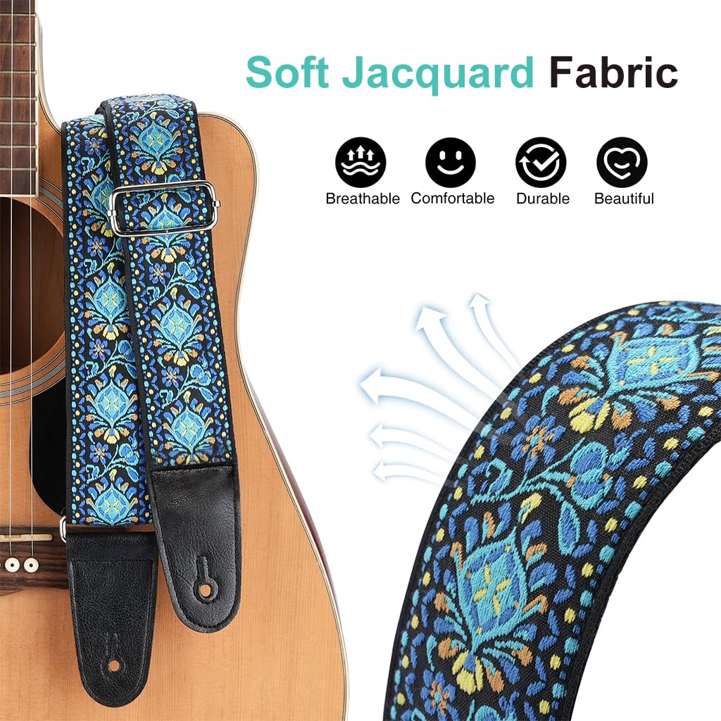 HASTHIP Guitar Strap for Acoustic and Electric Guitar featuring 34–41 in Adjustable Length | Blue Double-Sided Vintage Embroidered Cotton Design