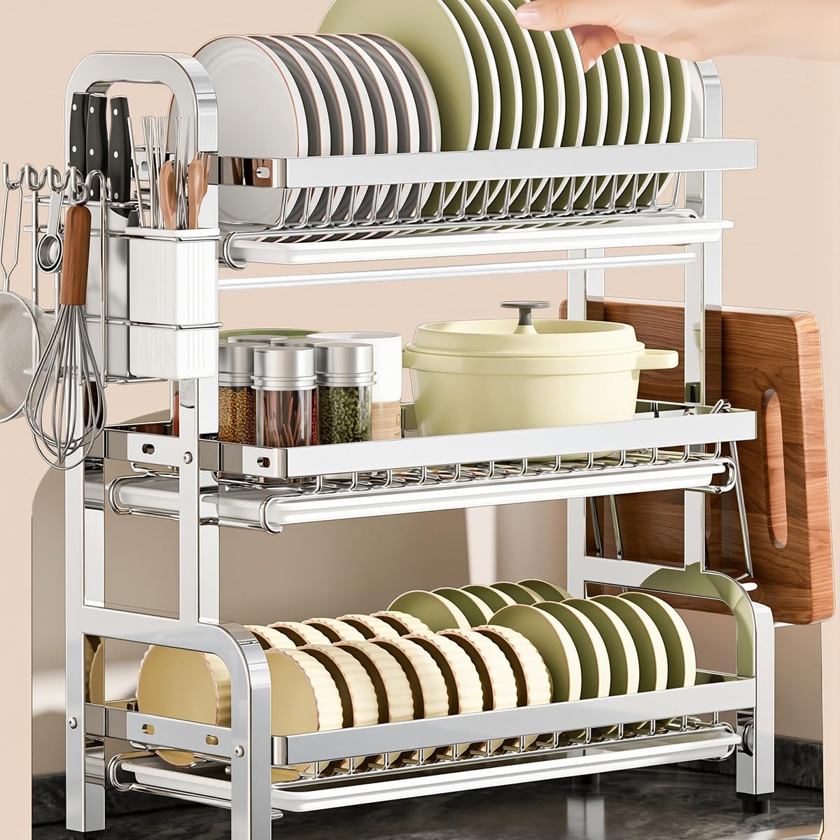 HASTHIP Dish Drying Rack for Kitchen Organization with 3 Layers 43x25x60cm Stainless Steel | Removable Water Catch Tray