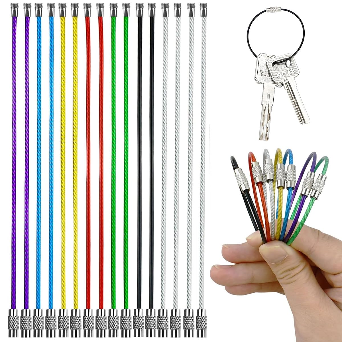 HASTHIP® 16 Piezas Llavero de Alambre de Acero Inoxidable 1.5Mm,Cables con Revestimiento y Cierre Rosca,Anillos Seguridad para Etiquetas Equipaje Llaves Linternas y Herramientas