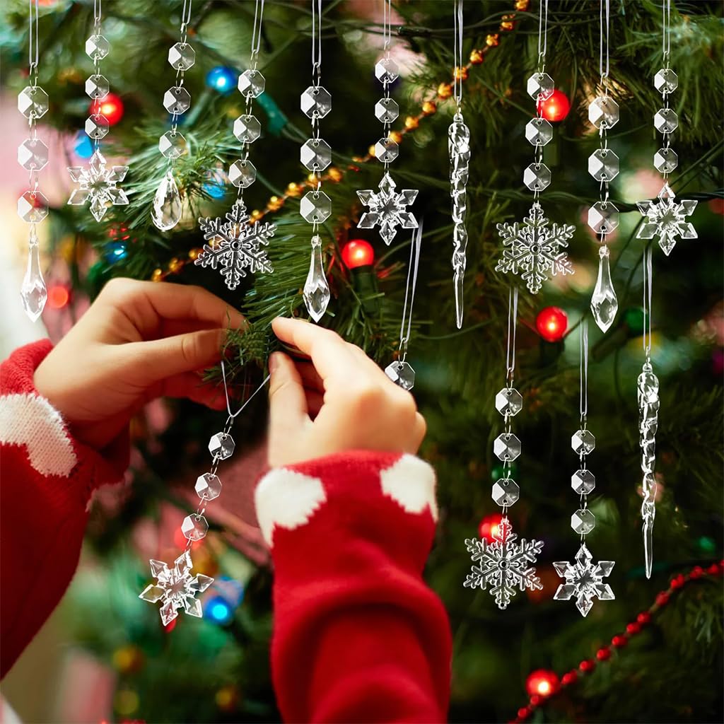 HASTHIP Christmas Tree Hanging Ornaments for Festive Decor featuring 18pcs Crystal Acrylic Snowflake and Icicle Designs