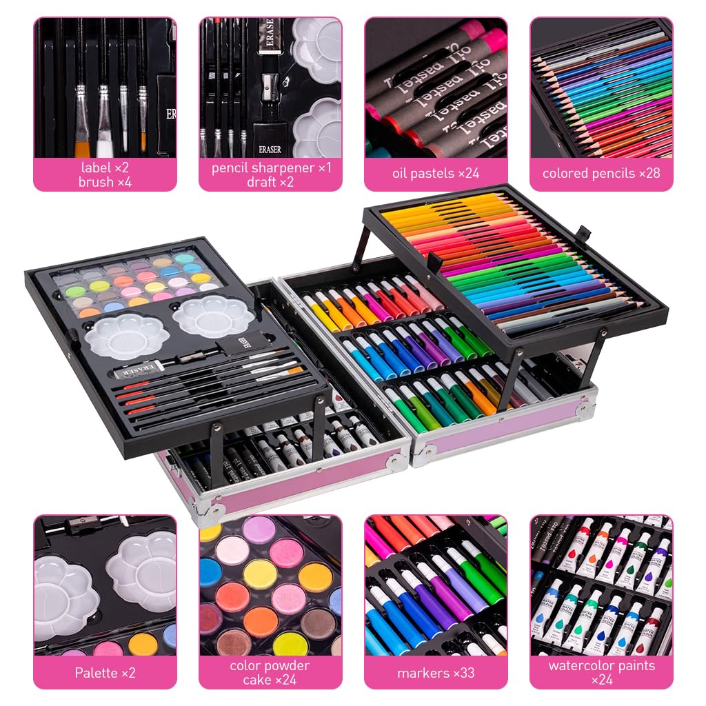 HASTHIP® 145 Pcs Art Painting Set Color Painting Pen Watercolor Paint Color Pencils Painting Brushes Gift Art Set with Unicorn Suitcase Deluxe Color Painting Set 'Day Gift for Kids