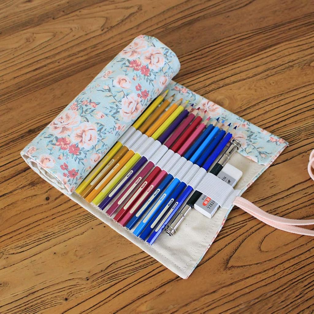 HASTHIP® Canvas Handmade Knitting Pencil Roll Wrap Holder, Large Capacity 48 Slots Pencil Case, Multi-Compartment Portable Canvas Pouch Organizer for School Office Art Supplies, Pink