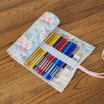 HASTHIP® Canvas Handmade Knitting Pencil Roll Wrap Holder, Large Capacity 48 Slots Pencil Case, Multi-Compartment Portable Canvas Pouch Organizer for School Office Art Supplies, Pink