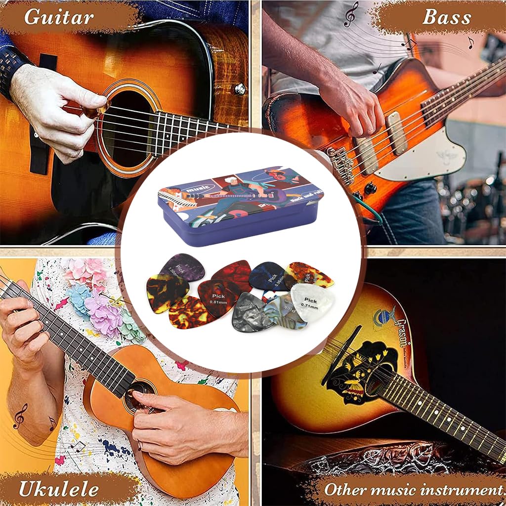 HASTHIP Guitar Picks Set for Acoustic and Electric Guitar with 12 pcs 0.46–1.5mm Celluloid | Ergonomic Grip and Metal Box