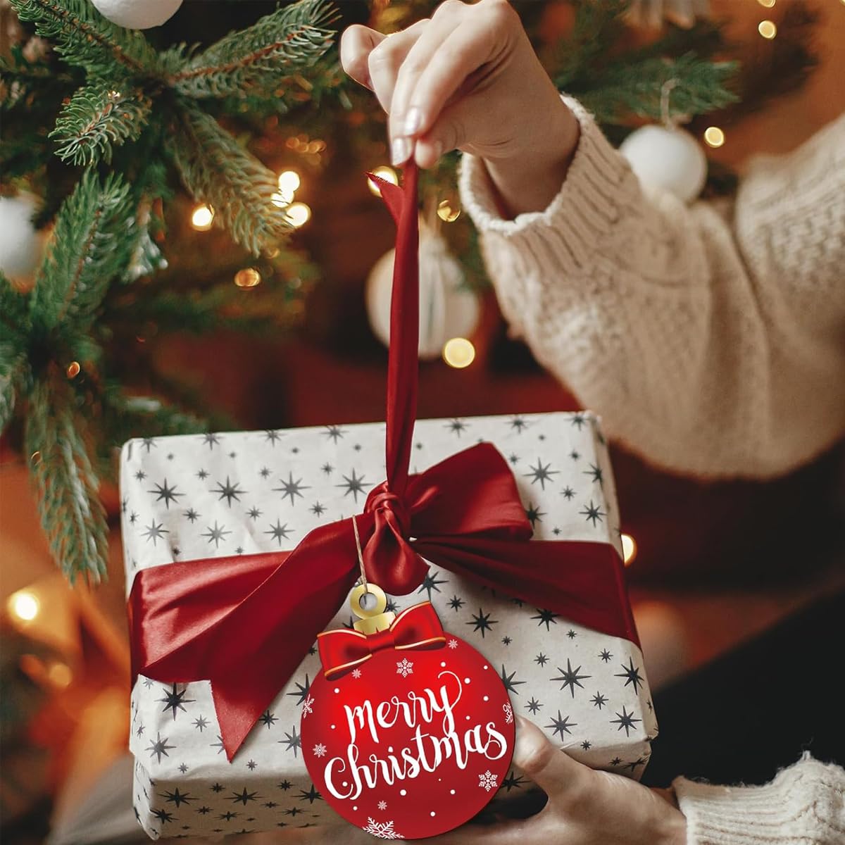 HASTHIP Christmas Decorations Wooden Ornaments Set for Tree and Room Decor featuring 12 Red Snowflake Designs