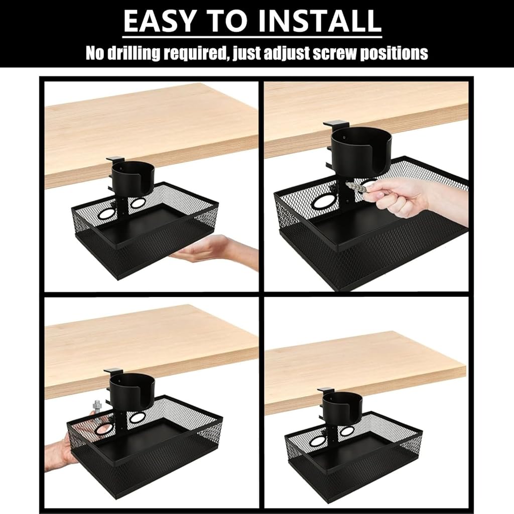 HASTHIP® Black 360-Degree Under Desk Organizer with Cup Holder