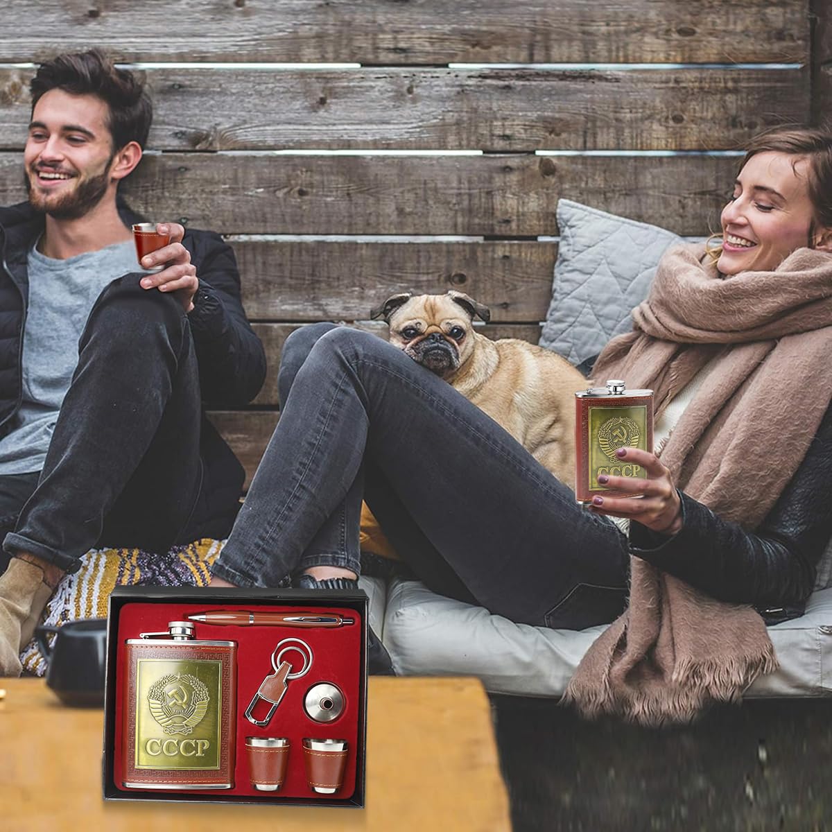 HASTHIP Whisky Flask Gift Set for Men with 8 oz CCCP Embossed PU Finish | Stainless Steel Accessories