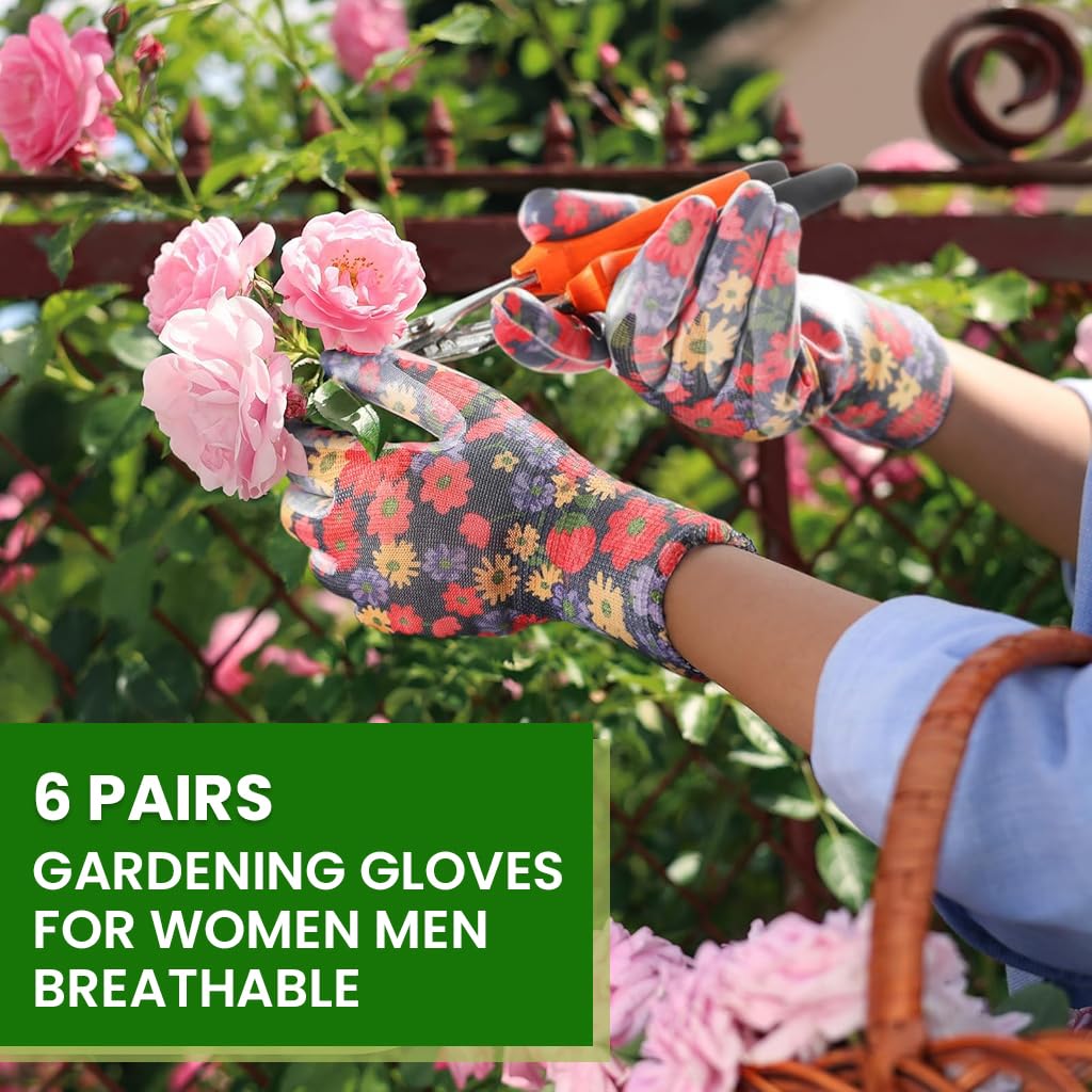 HASTHIP Gardening Gloves for Women with Full Palm Anti Slip Grip 6 Pairs Nylon Floral Print