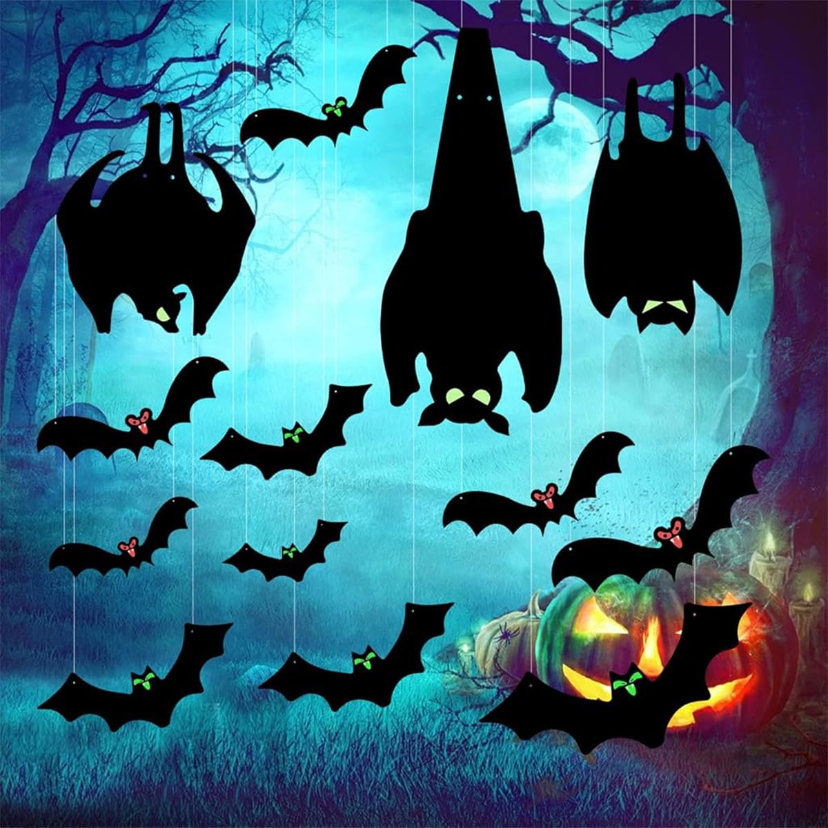 HASTHIP Halloween Home Decorations for Party with 13 Bats & Glow-in-the-Dark Eyes | PVC Wall and Tree Hanging Decor