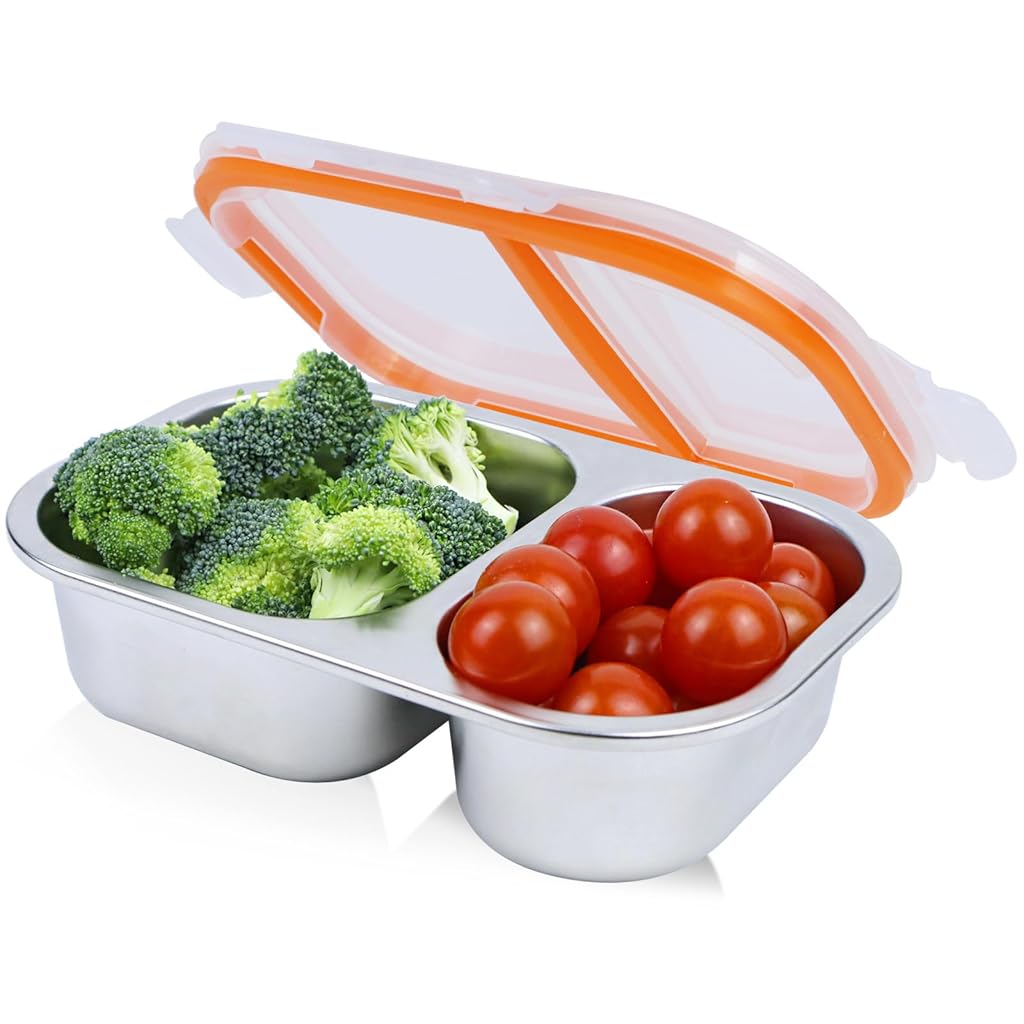 HASTHIP® Stainless Steel Snack Box Containers, Reusable 2 Compartment Condiment Box with Lids, Food Container Sauce Cups, for Home and Travel-White