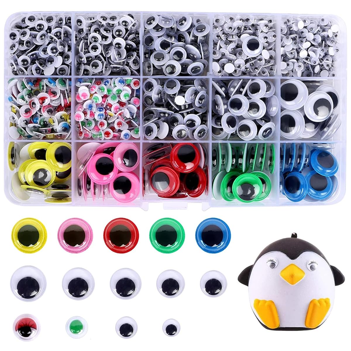 HASTHIP Googly Eyes for Crafts with Self-Adhesive Wiggle Design 1500pcs Assorted Colors and Sizes