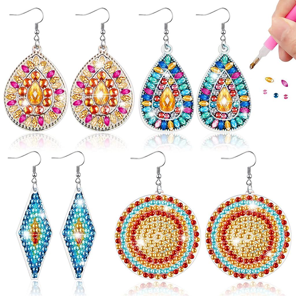 HASTHIP Diamond Painting Earrings Kit for Women with 4 Pairs Sparkling Fish Hook Designs | DIY Jewelry Gift Set