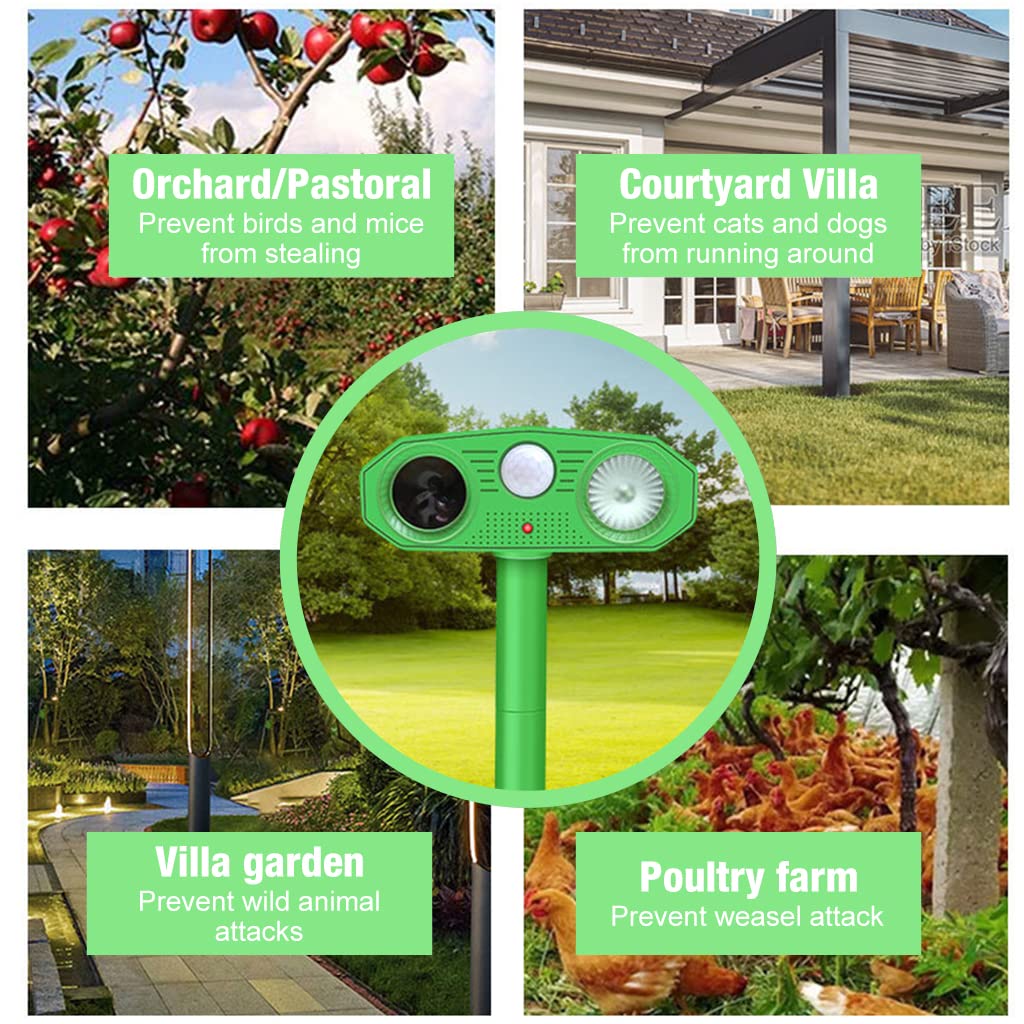 Outdoor Ultrasonic Pest Repeller - Solar Lizard Repellent & Snakes Repellent - Dog Repellent Device with Infrared Sensor & Flashing Lights for Garden & Patio - Pigeon Repellent for Balcony