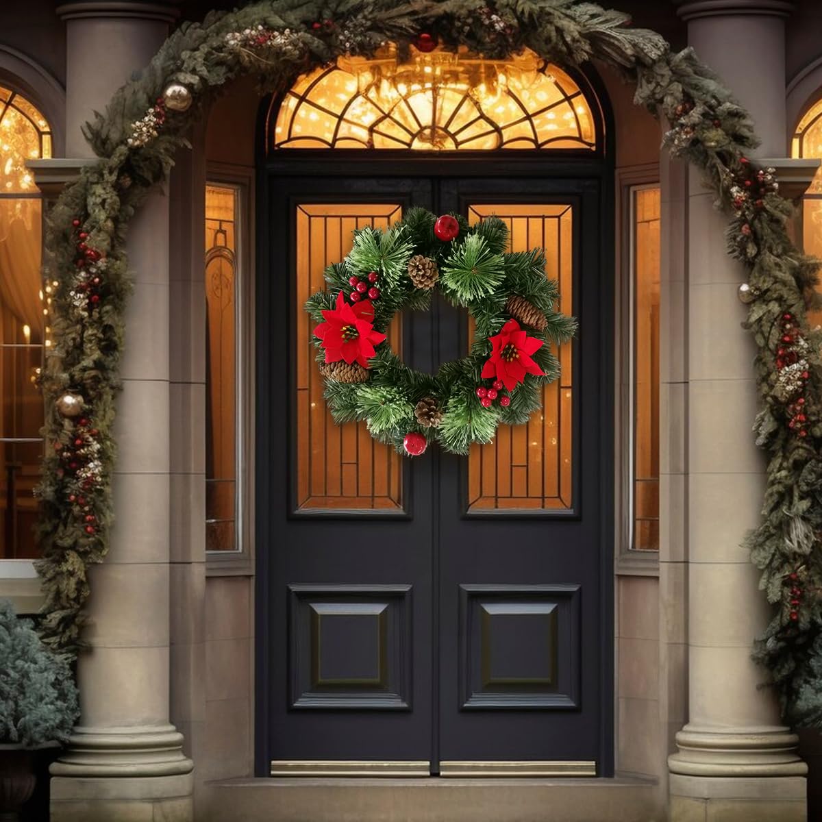 HASTHIP® 15.74 Inches Red Poinsettia Christmas Wreaths Decorative Door Hanging Ornament for Christmas Realistic Poinsettia Red Holly Pinecone Wreaths for Home Decor Wall Decor Christmas Tree Decor