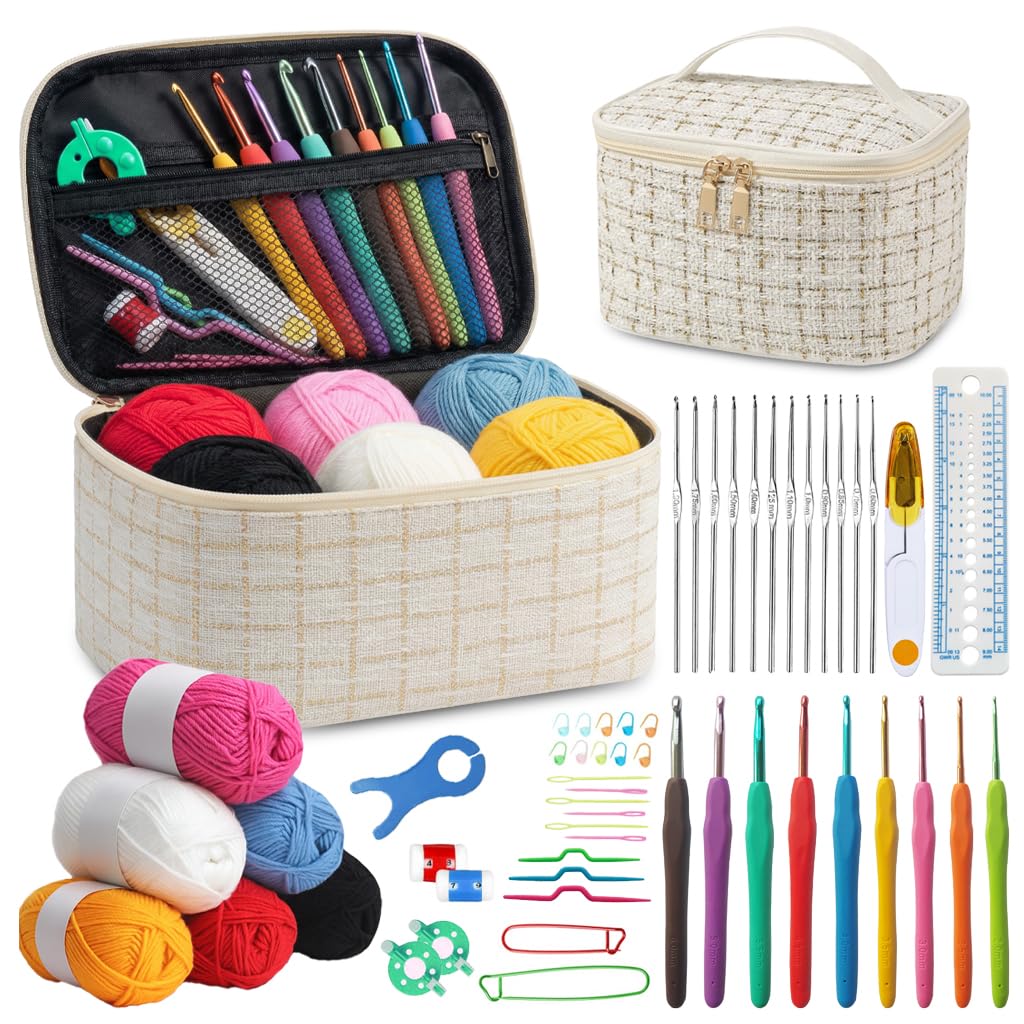 HASTHIP® Zibuyu 55Pcs Ergonomic Crochet Kit for Beginners Adults, Crochet Yarn Set with Yarn, with Storage Box, Stitch Markers, DIY Craft Art Tools, Needles Suitable for Beginners-White